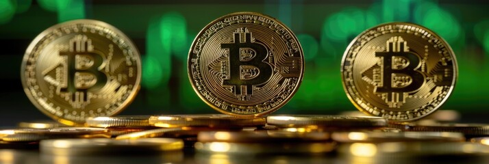 Golden Bitcoins Stacked with Green Bokeh Background