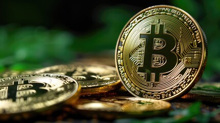 Golden Bitcoins Stacked with Green Bokeh Background