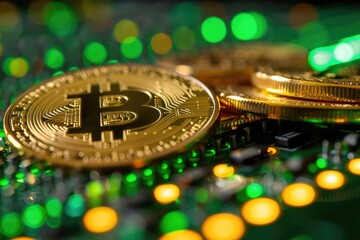 Golden Bitcoins Stacked with Green Bokeh Background