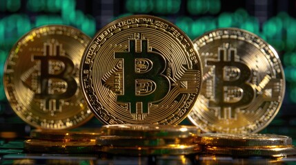 Golden Bitcoins Stacked with Green Bokeh Background