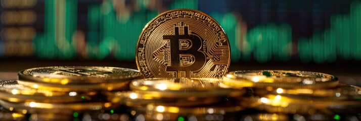 Golden Bitcoins Stacked with Green Bokeh Background