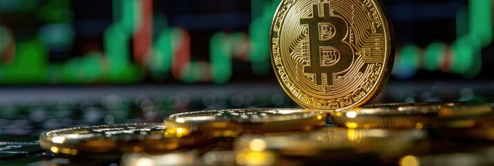 Golden Bitcoins Stacked with Green Bokeh Background