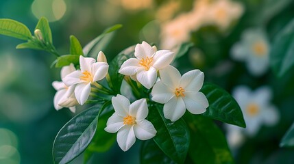 Fototapeta premium White Jasmine Flowers with Green Leaves
