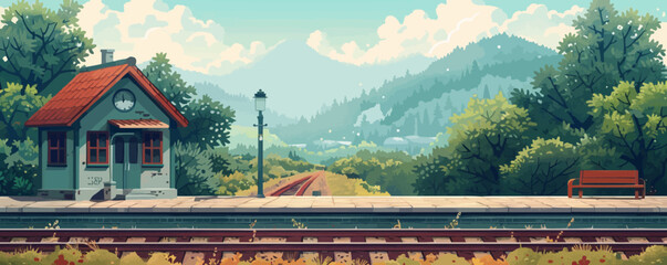 Fototapeta premium Tranquil countryside railway station with vintage trains, a platform, and lush scenery. Vector flat minimalistic isolated illustration.