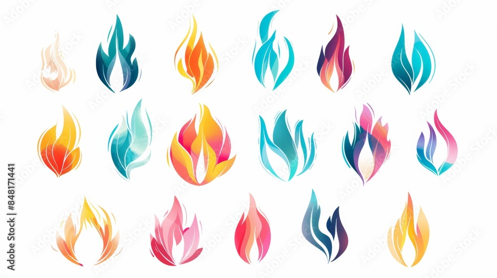 Aufkleber collection of flat design flame symbols, arranged in a grid pattern against a white background. The symbols are in various shapes and sizes, with a vibrant color palette.