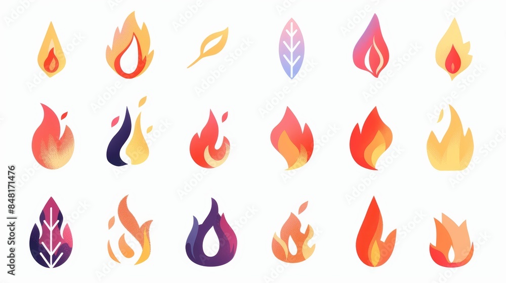 Poster collection of flat design flame symbols, arranged in a grid pattern against a white background. the 