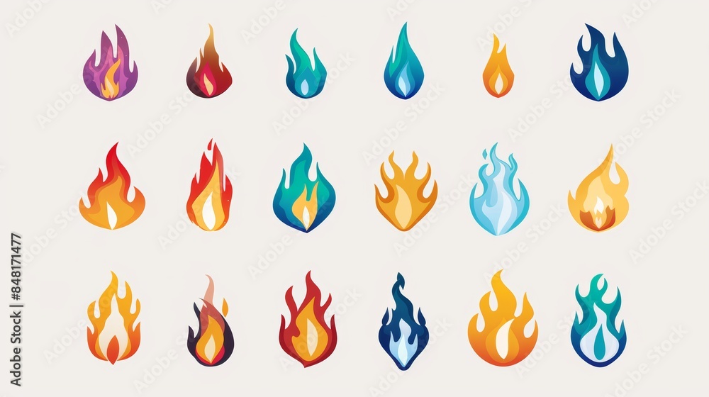 Fototapete collection of flat design flame symbols, arranged in a grid pattern against a white background. the 