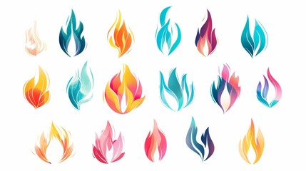 collection of flat design flame symbols, arranged in a grid pattern against a white background. The symbols are in various shapes and sizes, with a vibrant color palette.