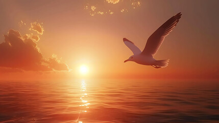 cute sea birds flying in the sunset evening sky