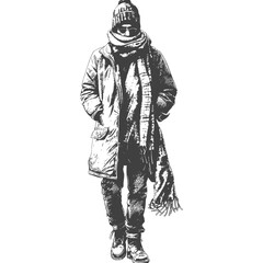 man with snow scarf full body with engraving style