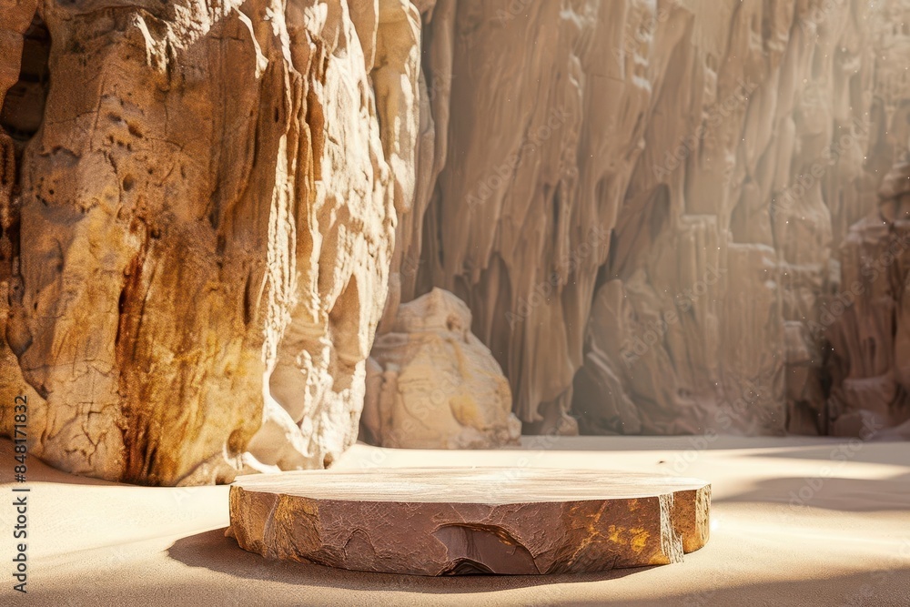 Poster product display on desert cave background with sand rock podium showcase 3d rendering