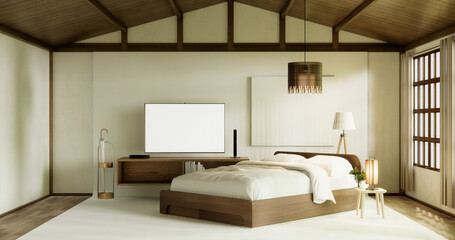 muji style empty room decorated with wooden bed, white wall and wooden wall. 3d rendering