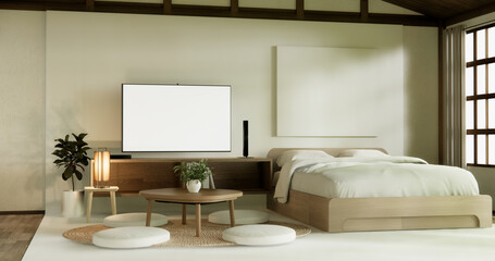 muji style empty room decorated with wooden bed, white wall and wooden wall. 3d rendering