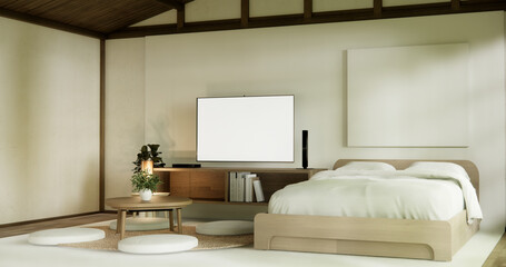 muji style empty room decorated with wooden bed, white wall and wooden wall. 3d rendering