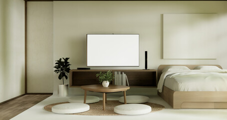 muji style empty room decorated with wooden bed, white wall and wooden wall. 3d rendering