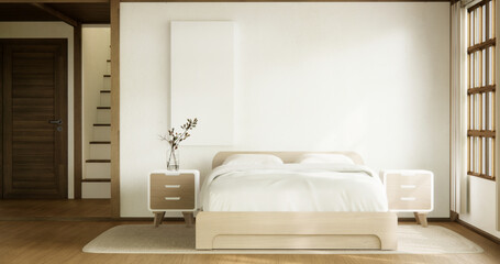 muji style empty room decorated with wooden bed, white wall and wooden wall. 3d rendering
