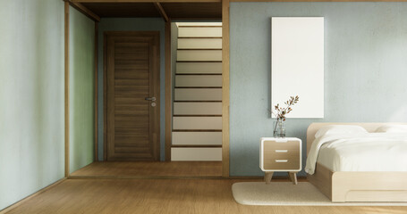 muji style empty room decorated with wooden bed, white wall and wooden wall. 3d rendering