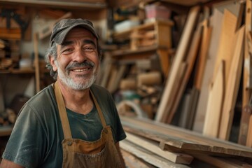 proud woodworker smiling in traditional carpentry workshop candid portrait