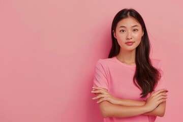 Obraz premium radiant asian woman gesturing confidently pink background emphasizing her poise and elegance beauty portrait