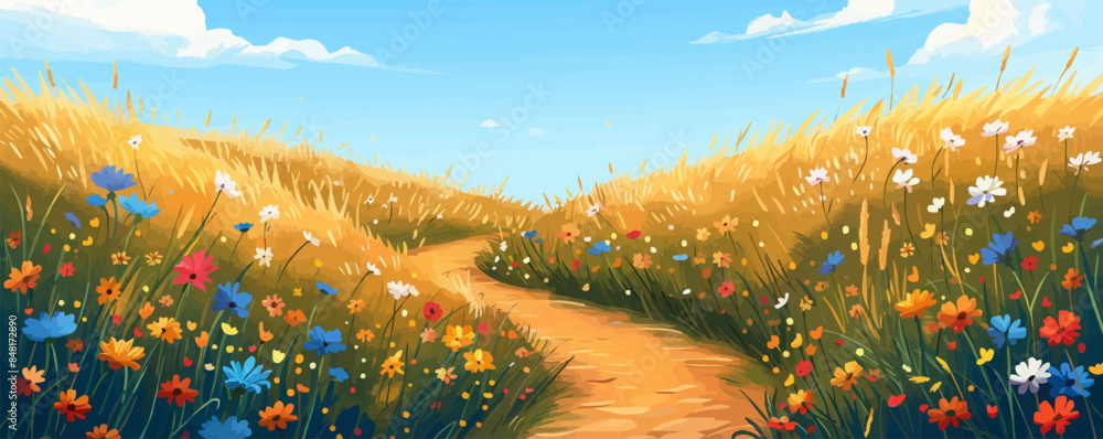 Poster serene countryside path winding through fields of wildflowers and golden wheat. vector flat minimali