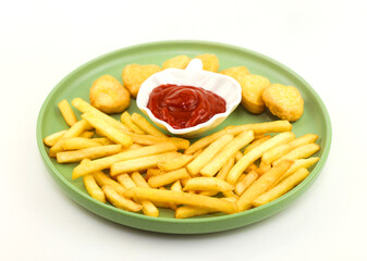 Appetizing Plate: This plate has the perfect combination of flavors – crispy french fries, tender chicken nuggets and spicy ketchup