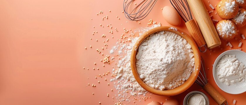 A selection of baking tools and ingredients arranged on a warm solid color background Items include a rolling pin measuring cups a whisk and a bowl of flour The background color complements the warm