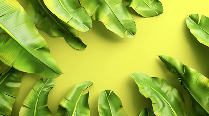 A vibrant composition of green banana leaves arranged on a bright yellow background, creating a fresh tropical vibe.
