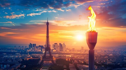a torch with the Olympic flame and an evening panorama of Paris with the Eiffel Tower. symbols of...