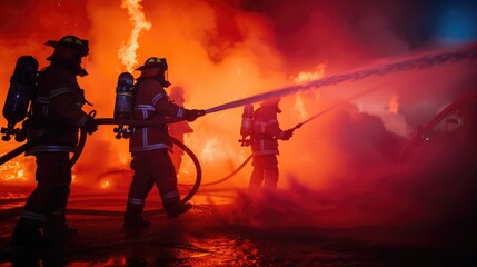 Fototapeta premium Brave Firefighters Extinguishing Intense Flames During Firefight