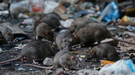 rats in a garbage dump in the city. infestation of parasites and rats in an urban environment