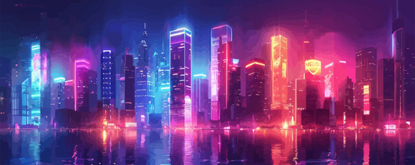 Obraz premium Technological cityscape with tall skyscrapers and neon signs. vector simple illustration