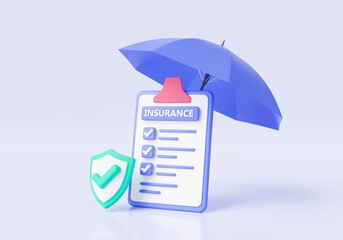 3d rendering illustration of Insurance concept. Insurance Policy on clipboard with umbrella and shield protection. Assurance protection, policy Guarantee, insurance life, Health insurance, Umbrella
