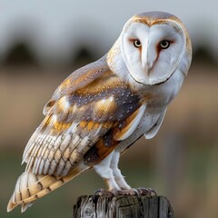 common barn owl perched on a wooden fence post,