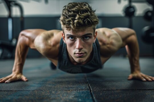 Muscular man doing push-ups at the gym