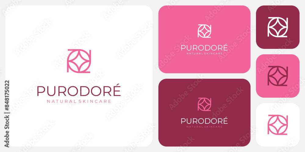Poster vector logo design of rotating leaf lines in a circle shape and a star in the middle with a modern, 