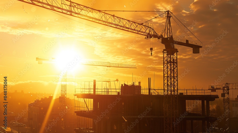 Poster a construction site with a crane and a sun in the background
