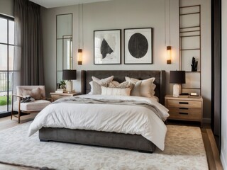 a bedroom with a large bed and a large window with a view of the woods.