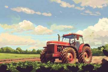 Naklejka premium retro farming tractor in lush agricultural field plant growth and cultivation rustic rural scene
