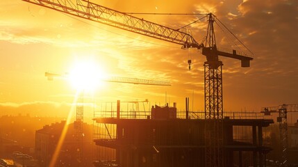 A construction site with a crane and a sun in the background