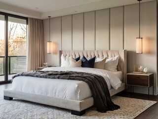a bedroom with a large bed and a large window with a view of the woods.