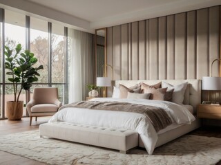 a bedroom with a large bed and a large window with a view of the woods.
