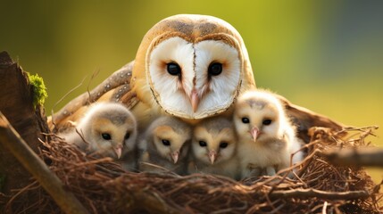 common barn owl with its chicks in its nest, its protective gaze fixed on the camera.