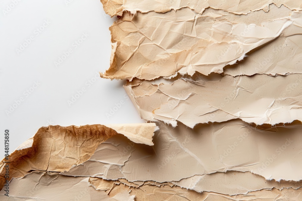 Poster ripped pieces of craft paper on white background creating a rustic and textured collage effect abstr