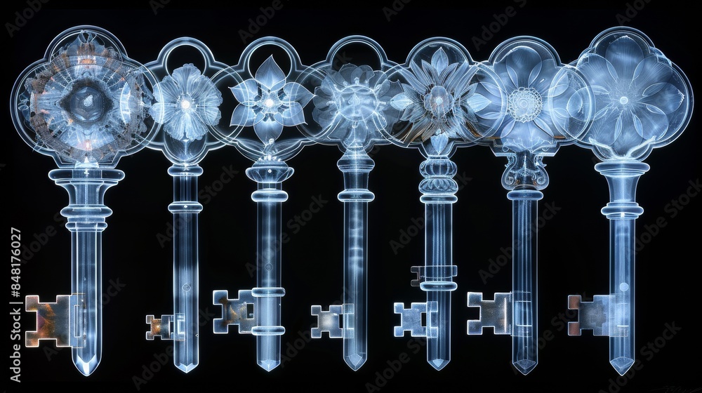 Poster x-ray scan of a collection of antique keys, showcasing the intricate designs and shapes.