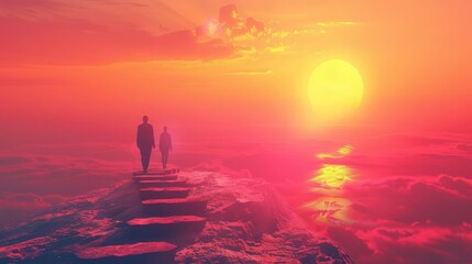 A mentor coaching an individual to success, with symbolic steps and a rising sun