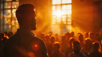 A mentor guiding a group of people, radiating influence and inspiration