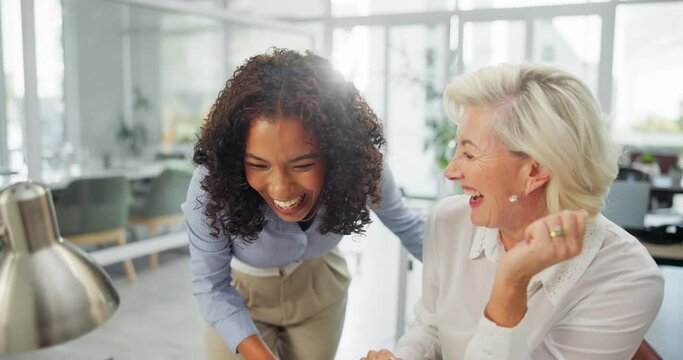 Business, women and high five with laptop for success or company growth, reputation and progress of project. Mature woman, girl and fist pump with celebration in office with happiness for milestone.