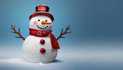 Obraz premium Close-up of miniature snowman, blue backdrop. Merry Christmas and Happy New Year
