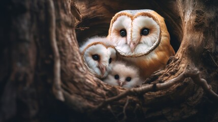 common barn owl with its young chicks, their fluffy feathers still growing in, nestled together in a cozy hollow in a tree trunk.