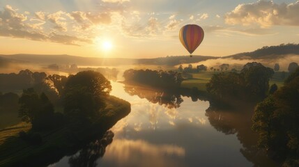 Colorful hot air balloon flying over green valley with road and mountain background at sunrise, bucket list lifestyle concept